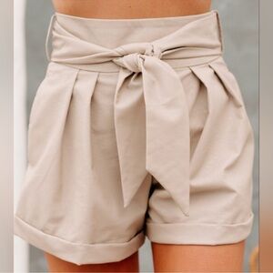 The Sang High Waist Belted Faux Leather Shorts in Mud size Large NWT Neutral